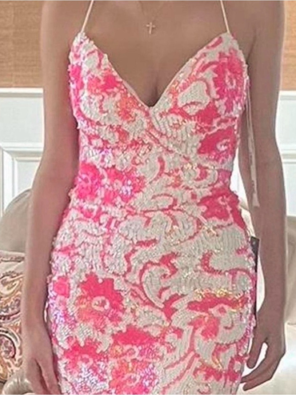 Jovani Spaghetti Strap Pink & White Floral Sequin Bodycon Dress Size 12